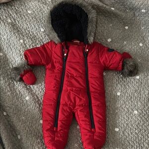 Red Baby Snowsuit with Fur Trim and Mittens